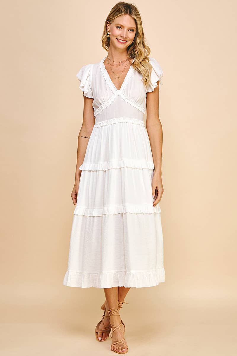 PINCH - RUFFLED TEA LENGTH DRESS - WHITE