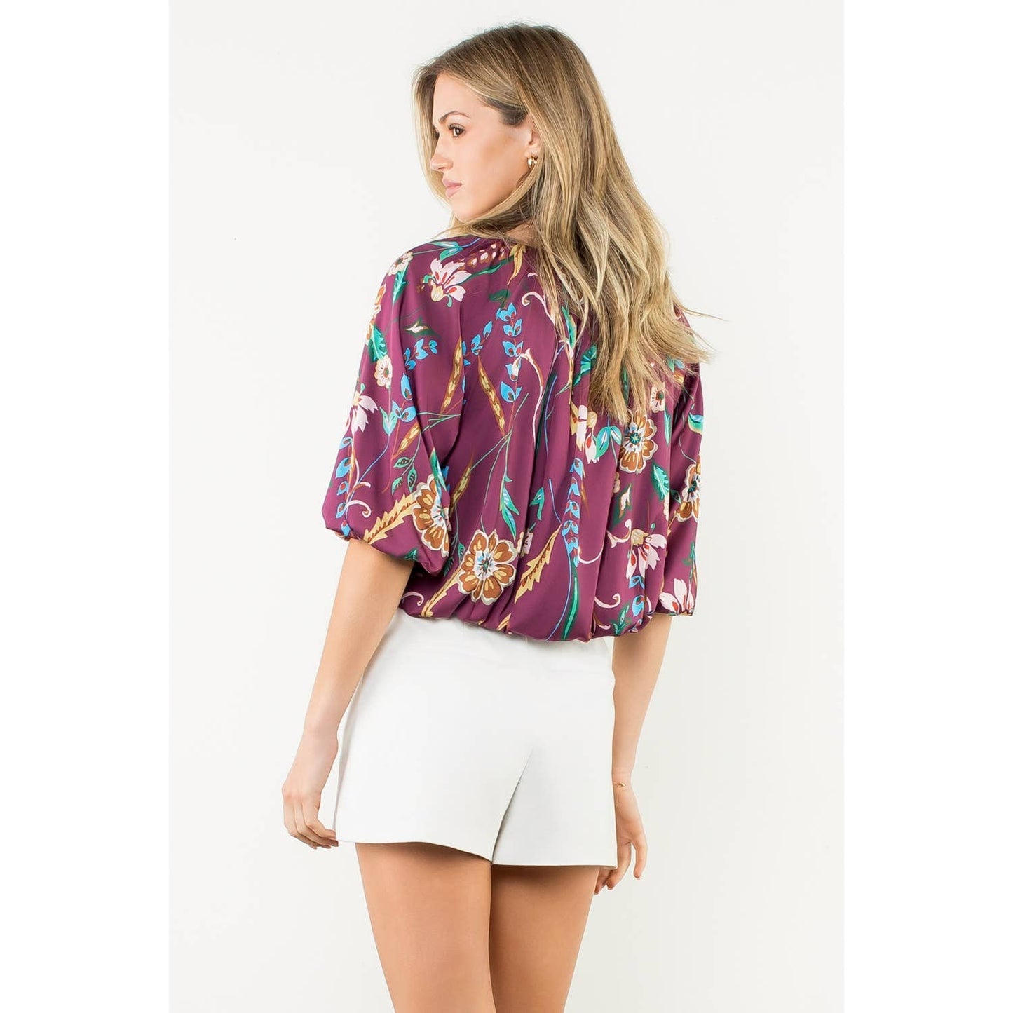 Floral Balloon Sleeve Round Neck Top