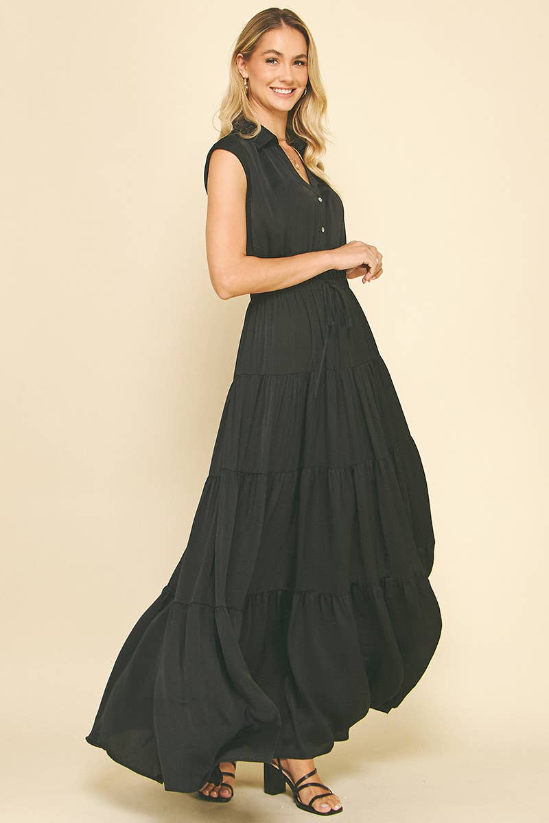 BUTTON DOWN TIERED MAXI DRESS