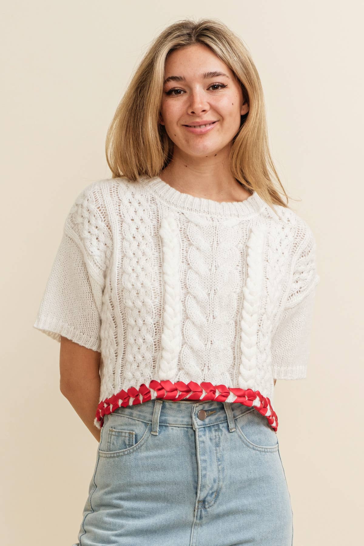 CABLE KNIT CONTRAST STITCH CROPPED SWEATER by Cloud Ten
