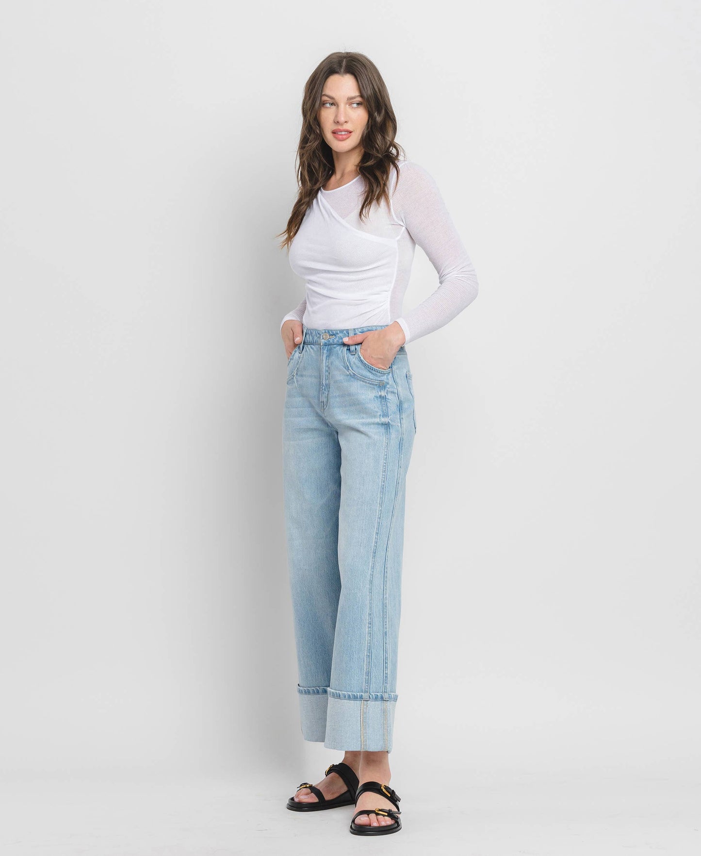 SUPER HIGH RISE CUFFED BAGGY WIDE JEANS BY VERVET by FLYING MONKEY