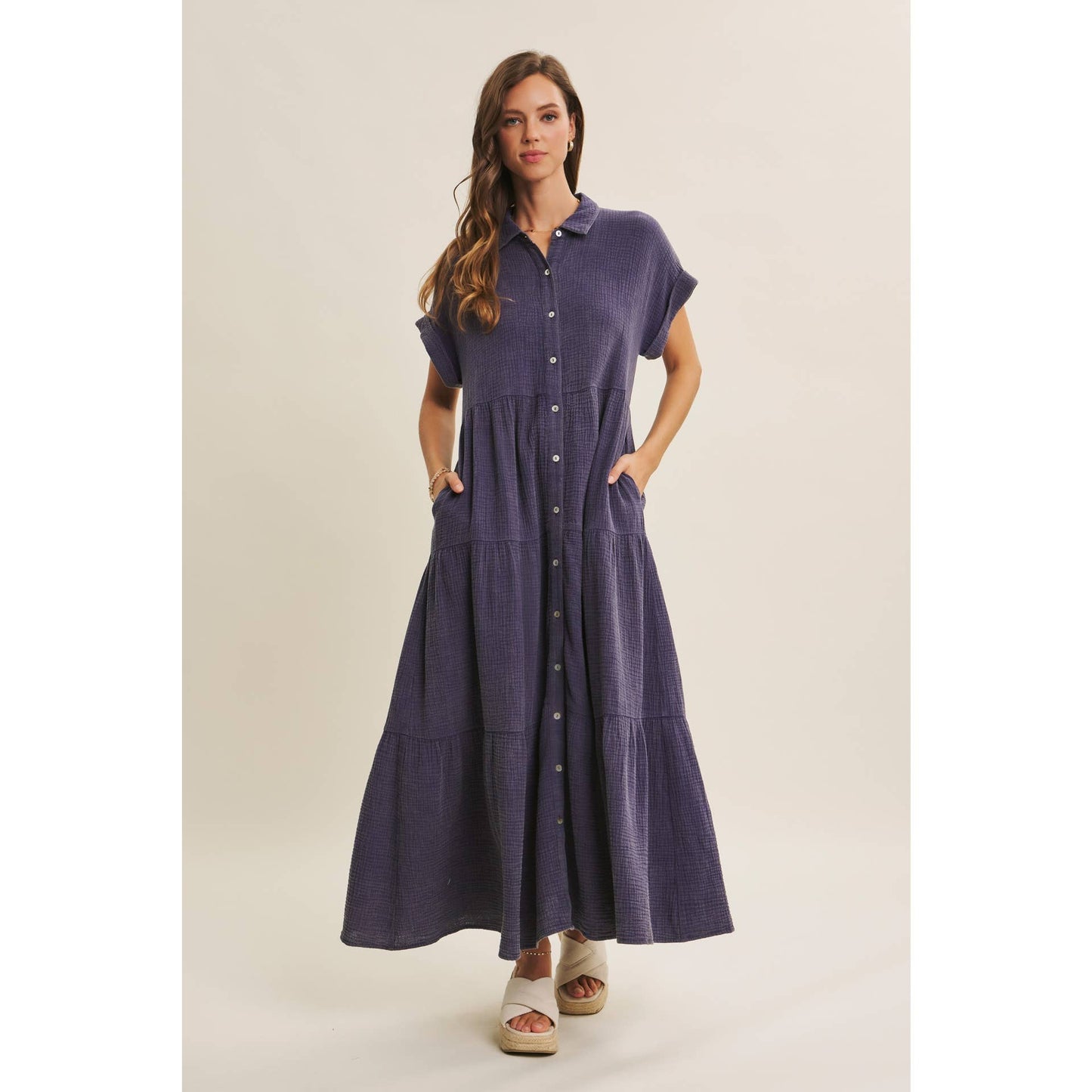 BREEZY MINERAL-WASHED GAUZE OVERSIZED MAXI SHIRT DRESS