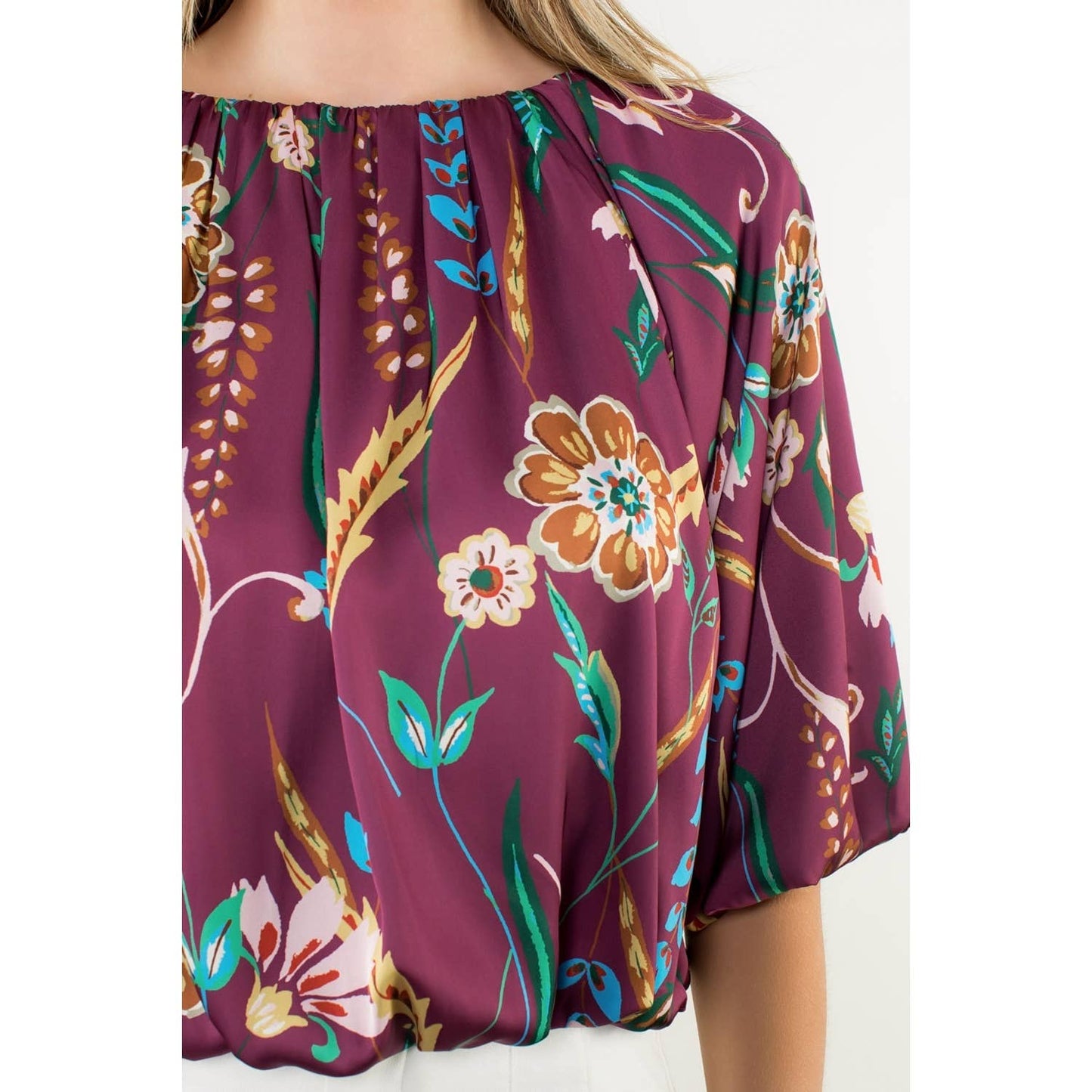 Floral Balloon Sleeve Round Neck Top