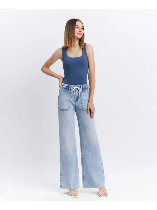 High Rise Drawstring Waistband Wide Leg Jeans - Flying Monkey