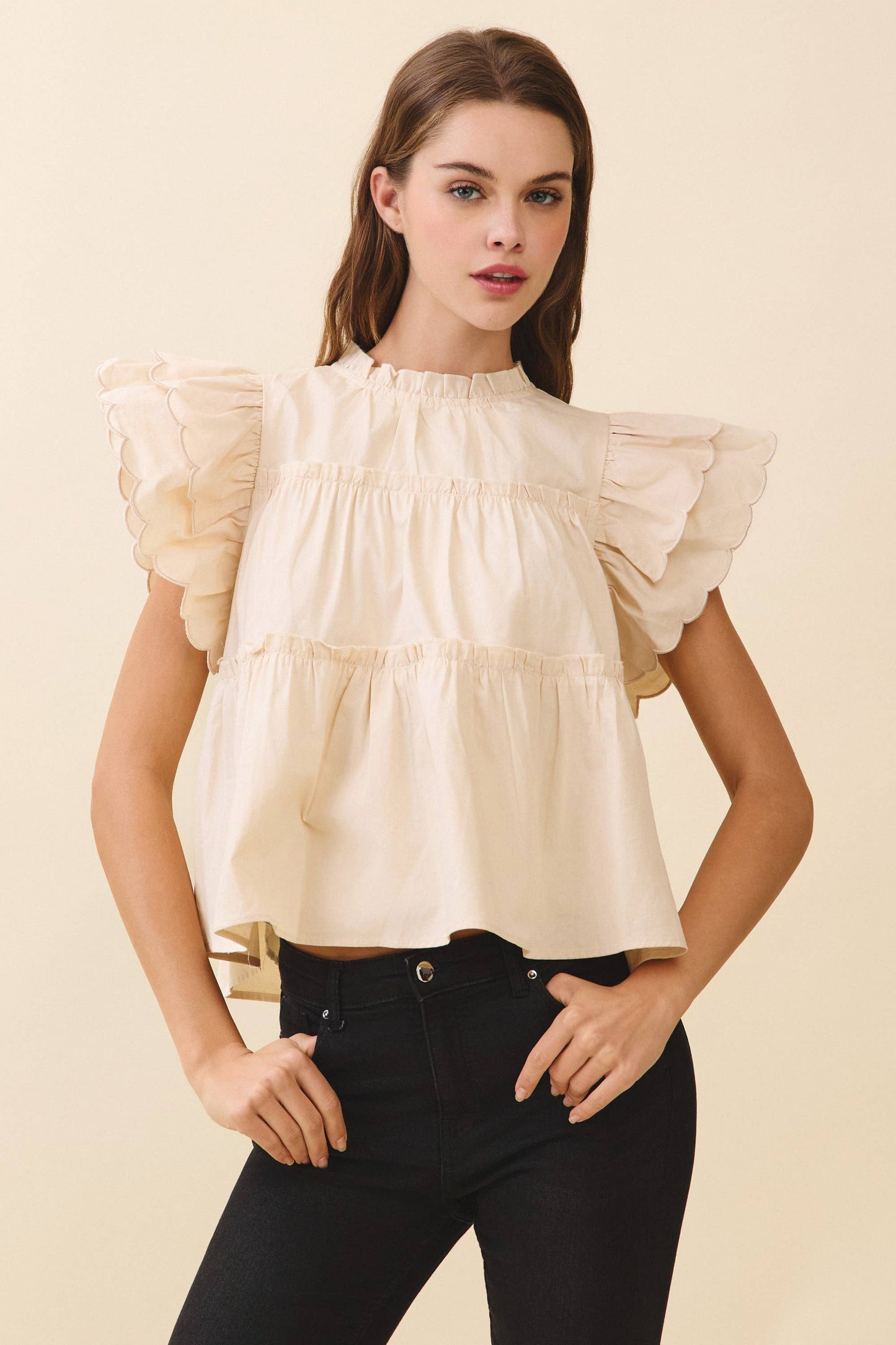Mildred Dramatic Ruffle Sleeves Detail Tiered Poplin Top