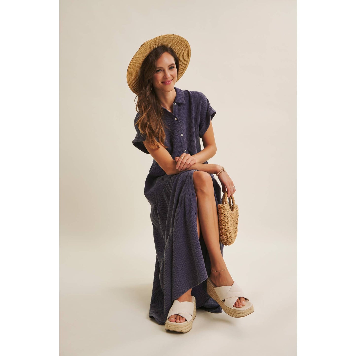 BREEZY MINERAL-WASHED GAUZE OVERSIZED MAXI SHIRT DRESS