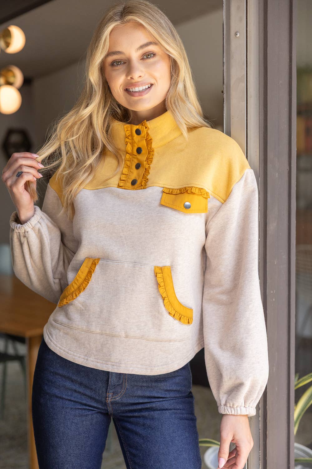 Color Block Quarter Snap Button Sweatshirt