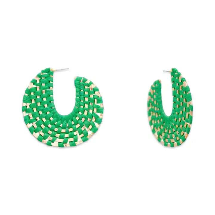 Green + Gold Raffia Wrapped Hoop Earrings | Raffia Hoop