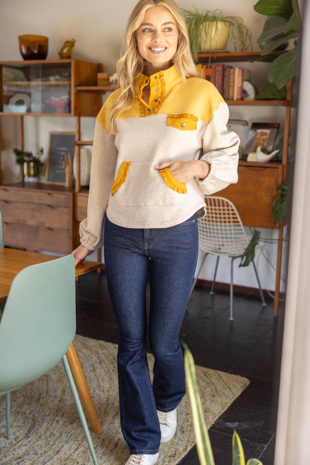 Color Block Quarter Snap Button Sweatshirt