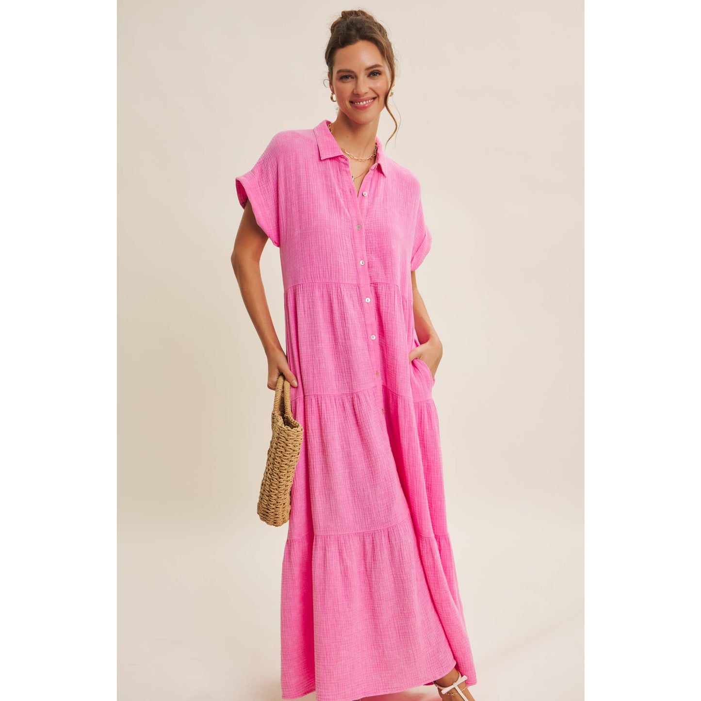 BREEZY MINERAL-WASHED GAUZE OVERSIZED MAXI SHIRT DRESS