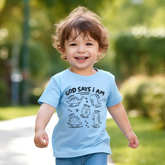 God says I am- Dinosaurs Kid's Christian Graphic Tee