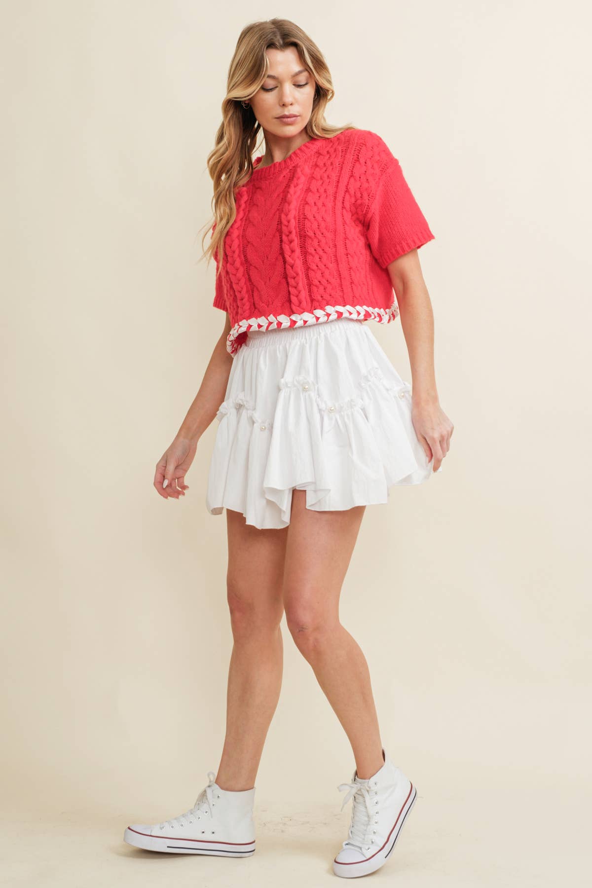 CABLE KNIT CONTRAST STITCH CROPPED SWEATER by Cloud Ten