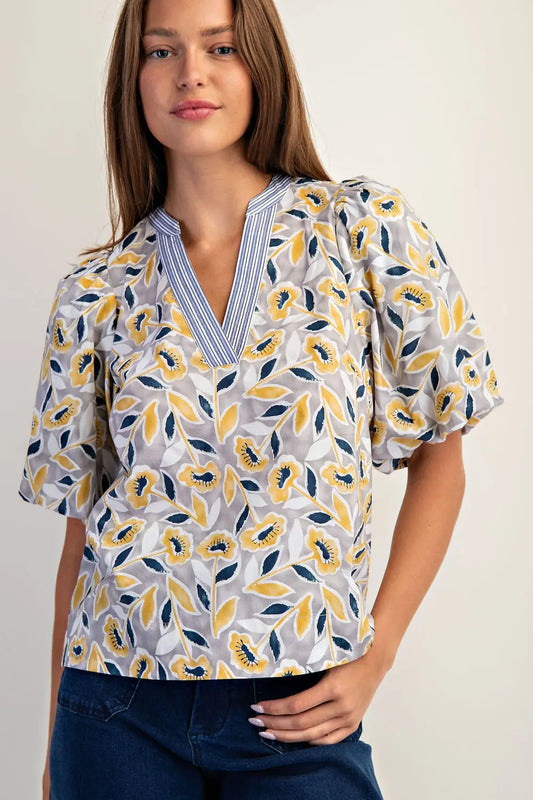 Botanical Puff Sleeve Blouse Top