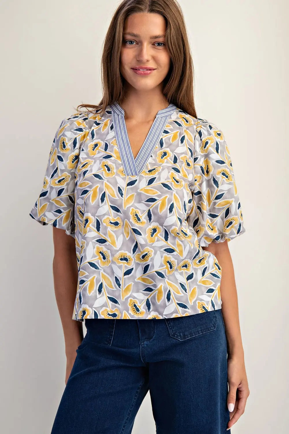 Botanical Puff Sleeve Blouse Top
