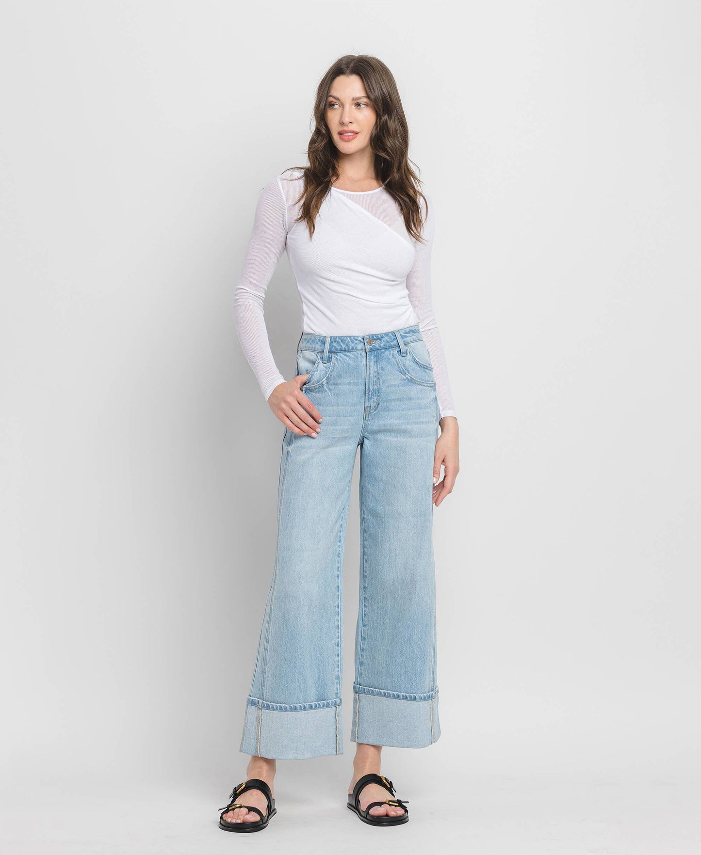 SUPER HIGH RISE CUFFED BAGGY WIDE JEANS BY VERVET by FLYING MONKEY