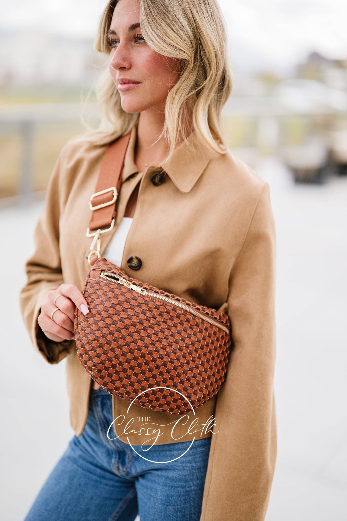 Willa Woven Bum Bag Crossbody - Brown & Tan Checkered