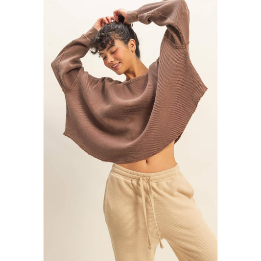 Mineral Wash Dropped Shoulder Waffle Knit Top