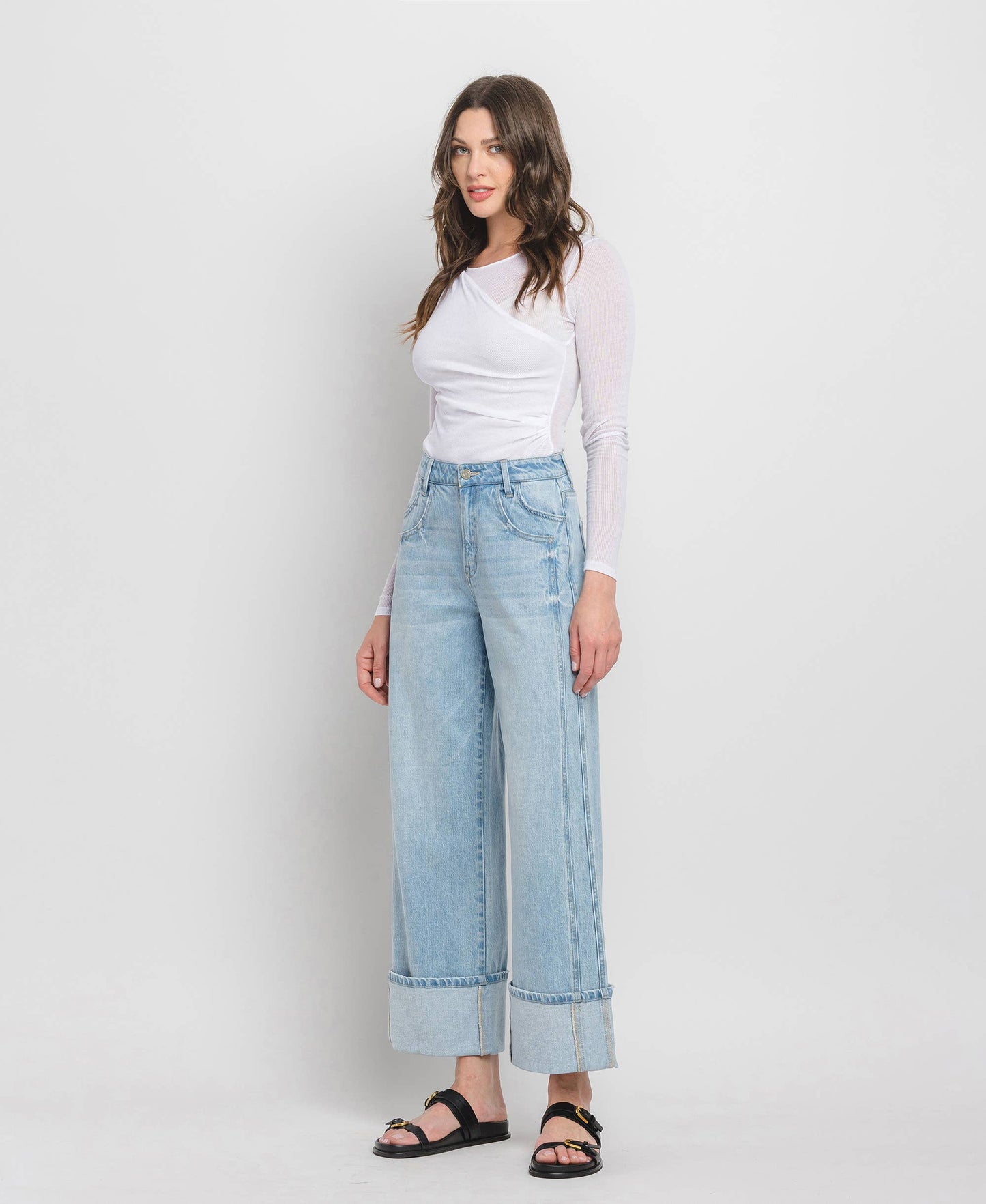 SUPER HIGH RISE CUFFED BAGGY WIDE JEANS BY VERVET by FLYING MONKEY