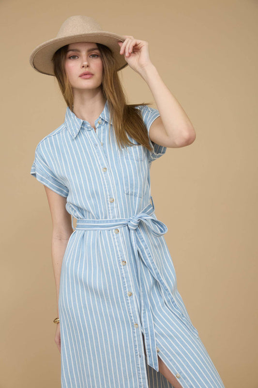 Stripe Chambray Collared Tie Belt Midi Dress