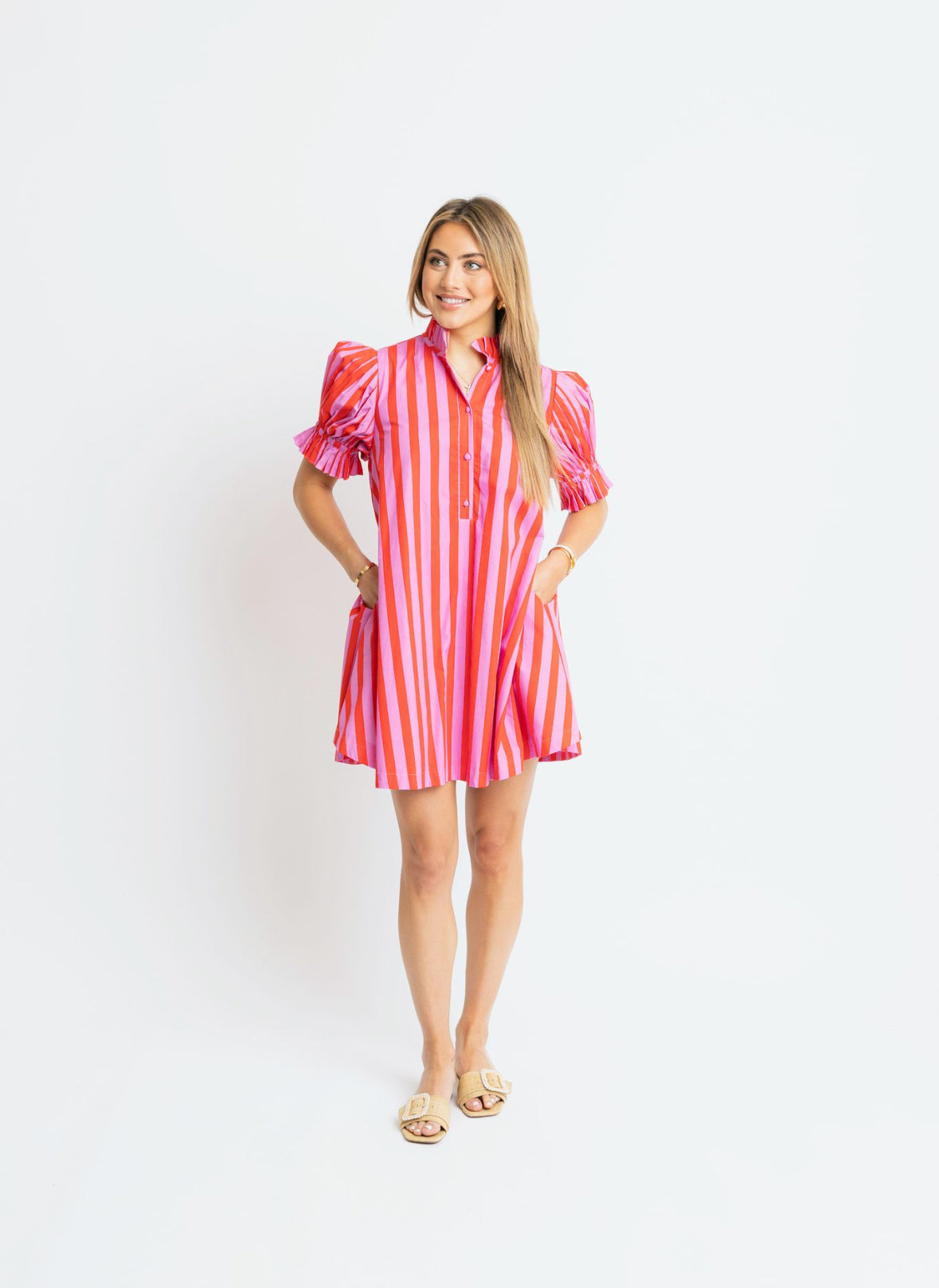 Stripe Button Puff Sleeve Dress