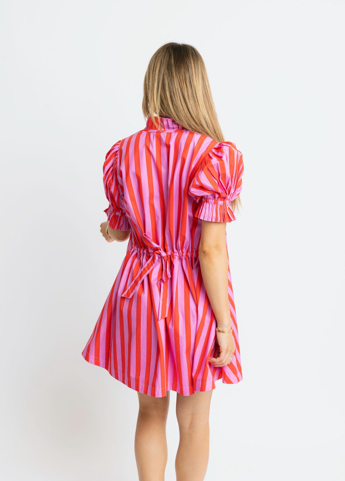 Stripe Button Puff Sleeve Dress
