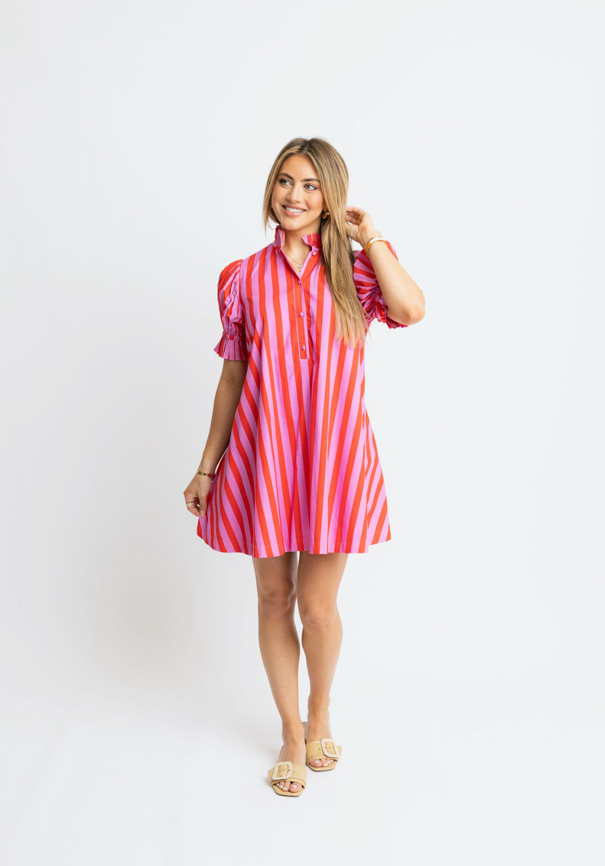 Stripe Button Puff Sleeve Dress