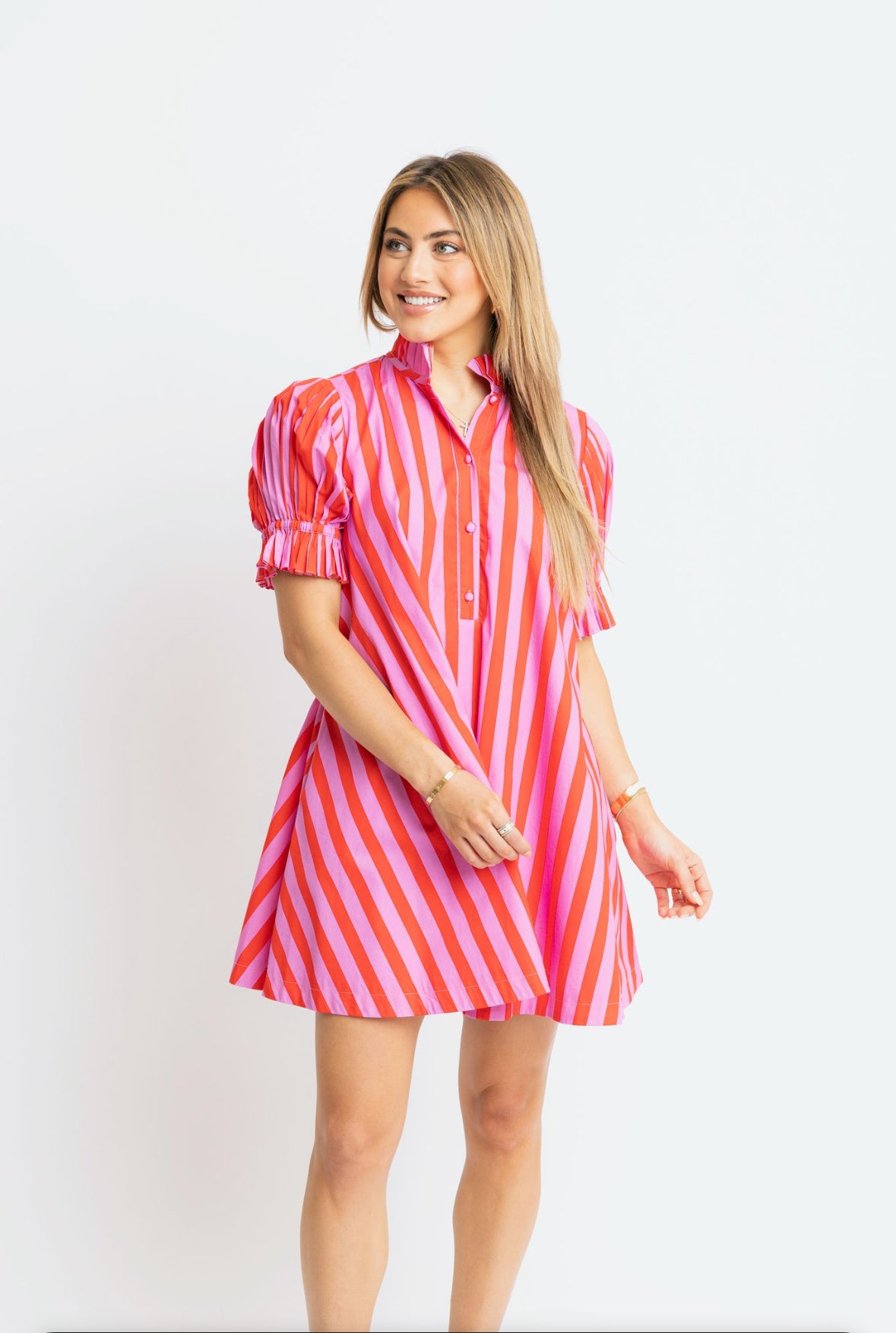 Stripe Button Puff Sleeve Dress