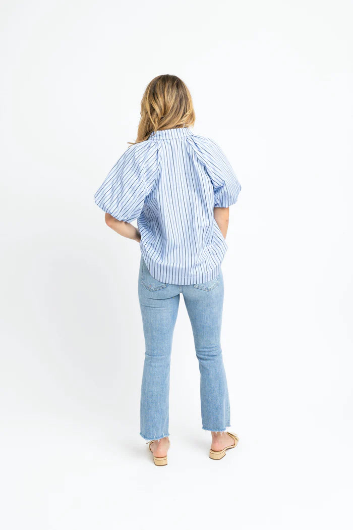Striped Poplin Bubble Sleeve Top