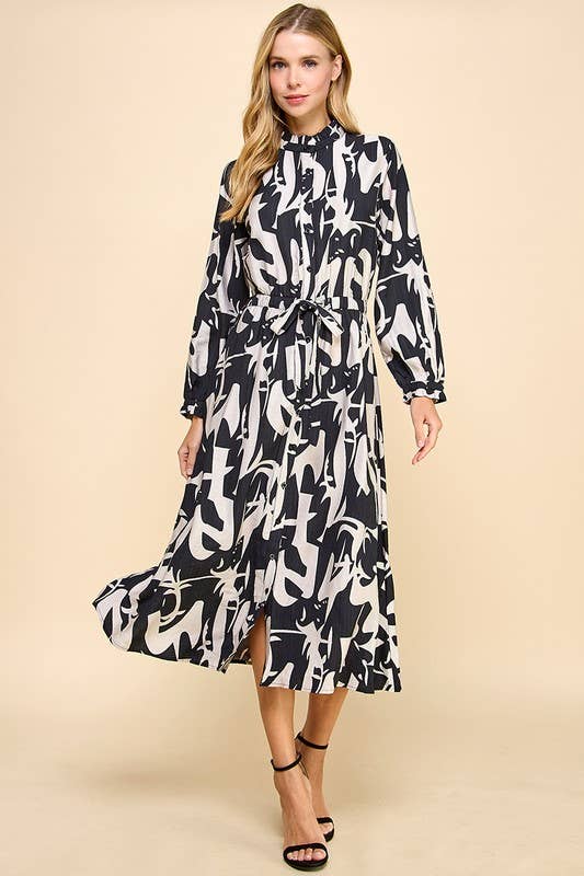 Abstract Print Button Down Midi Dress