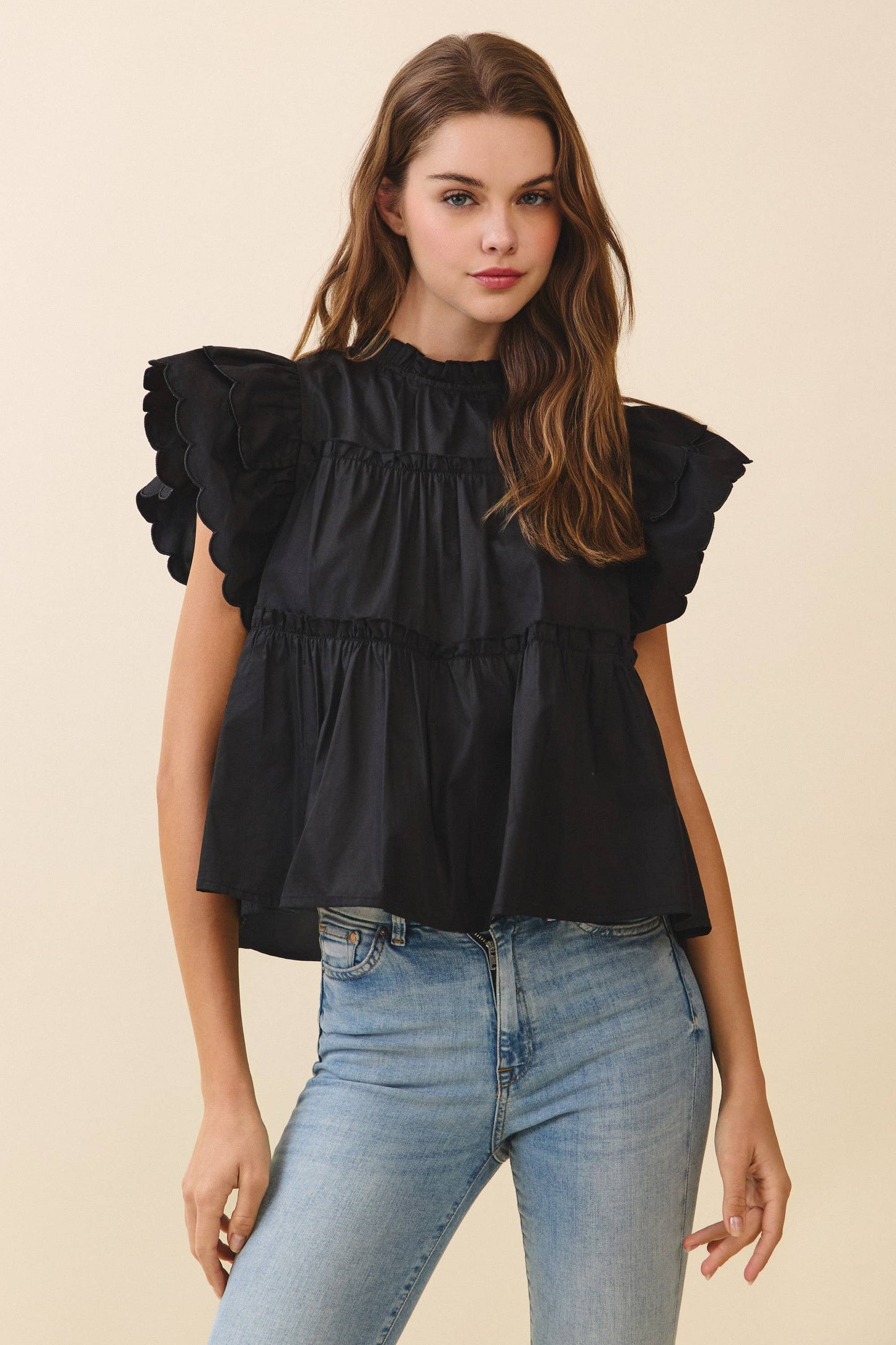 Mildred Dramatic Ruffle Sleeves Detail Tiered Poplin Top