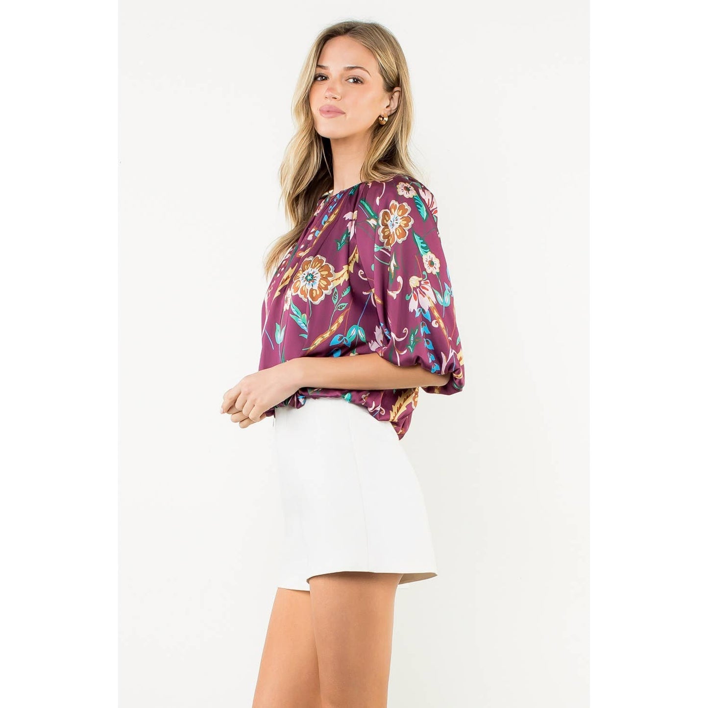Floral Balloon Sleeve Round Neck Top