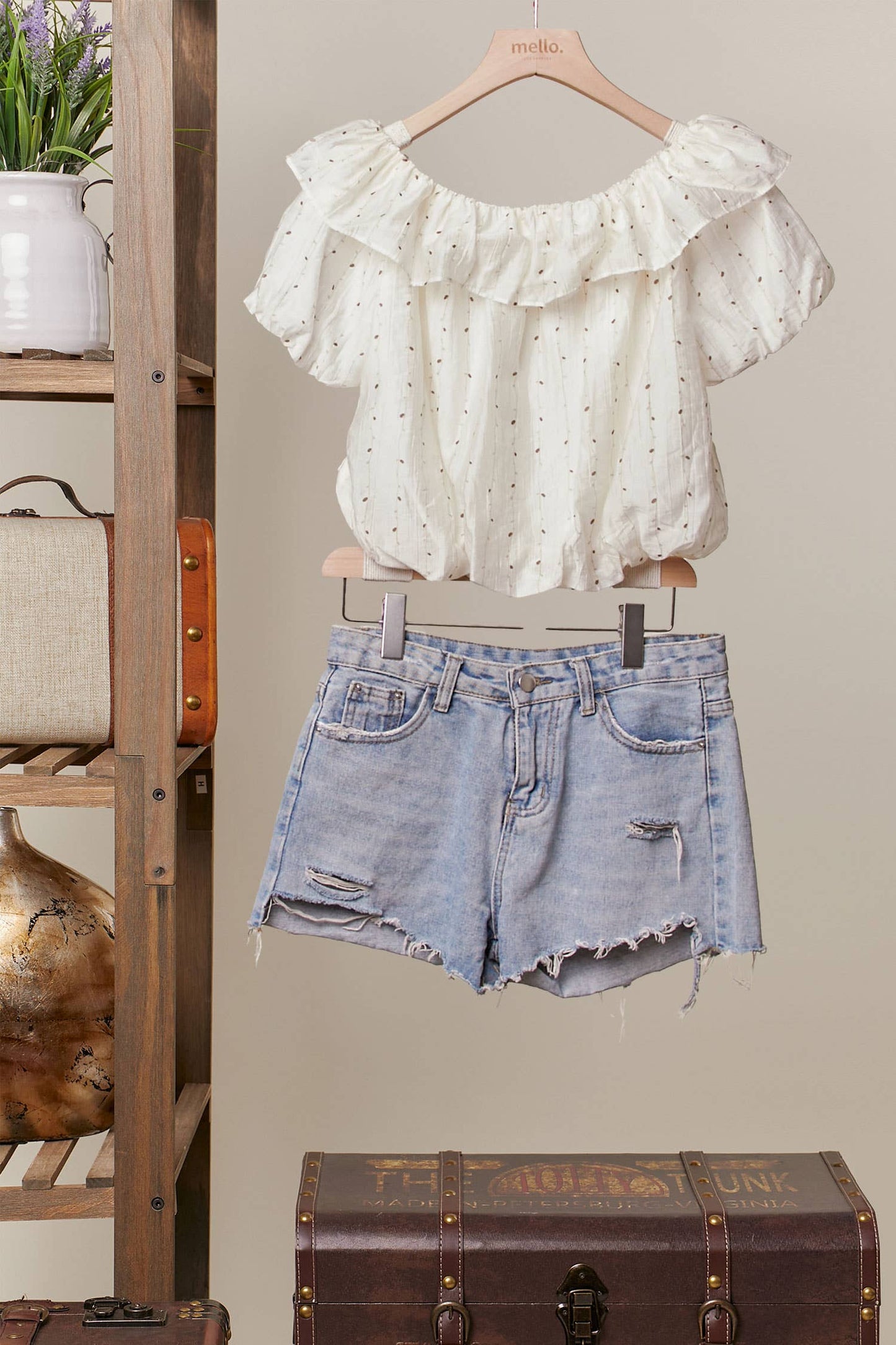 Printed Ruffle Off Shoulder Short Sleeve Top