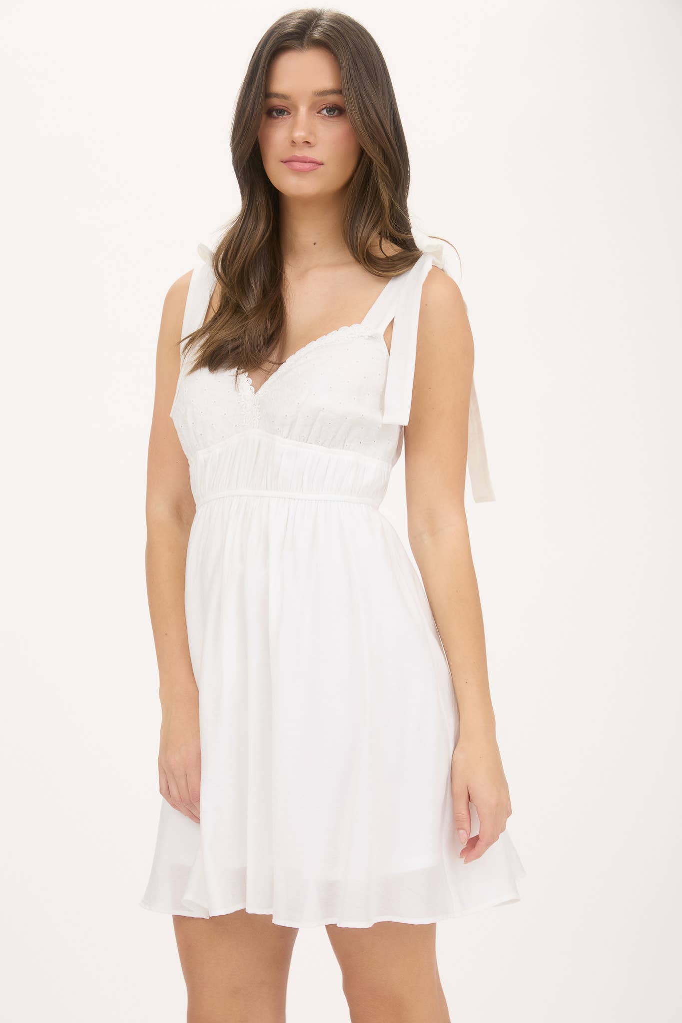 Eyelet Detail Lace Trim Tie Strap Mini Dress