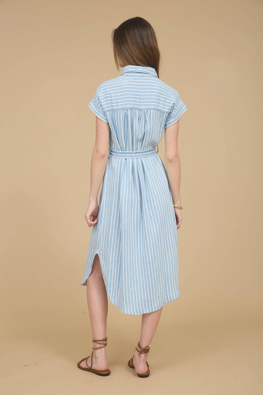 Stripe Chambray Collared Tie Belt Midi Dress
