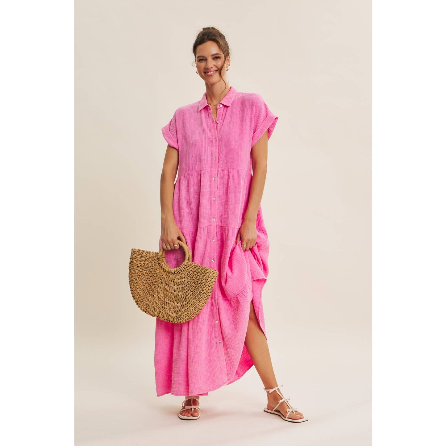 BREEZY MINERAL-WASHED GAUZE OVERSIZED MAXI SHIRT DRESS