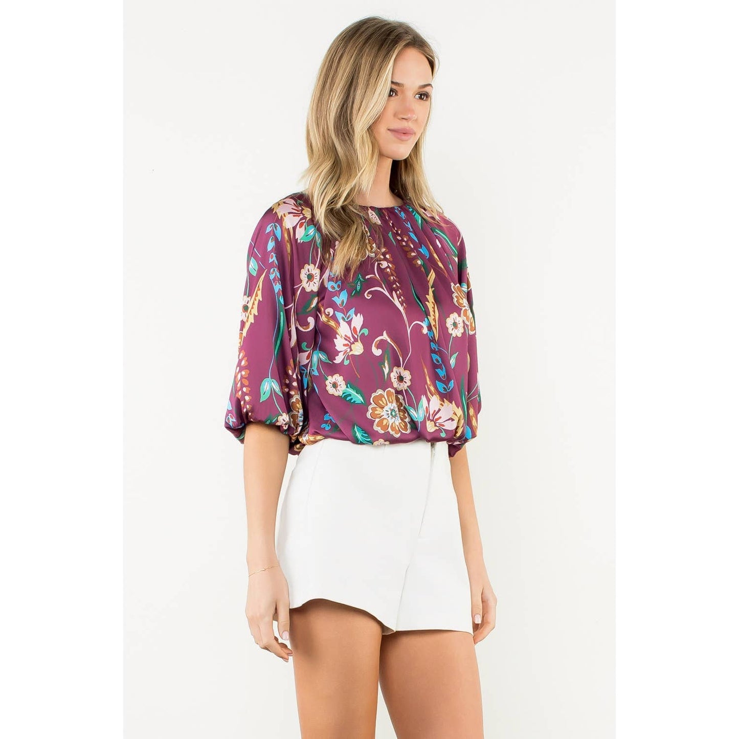 Floral Balloon Sleeve Round Neck Top