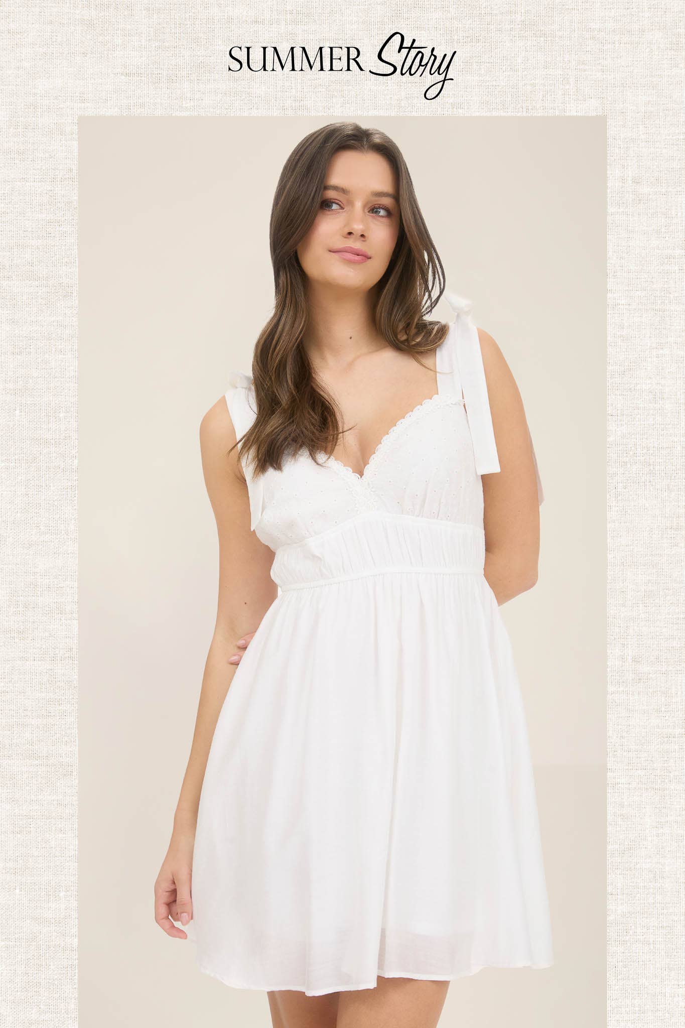 Eyelet Detail Lace Trim Tie Strap Mini Dress