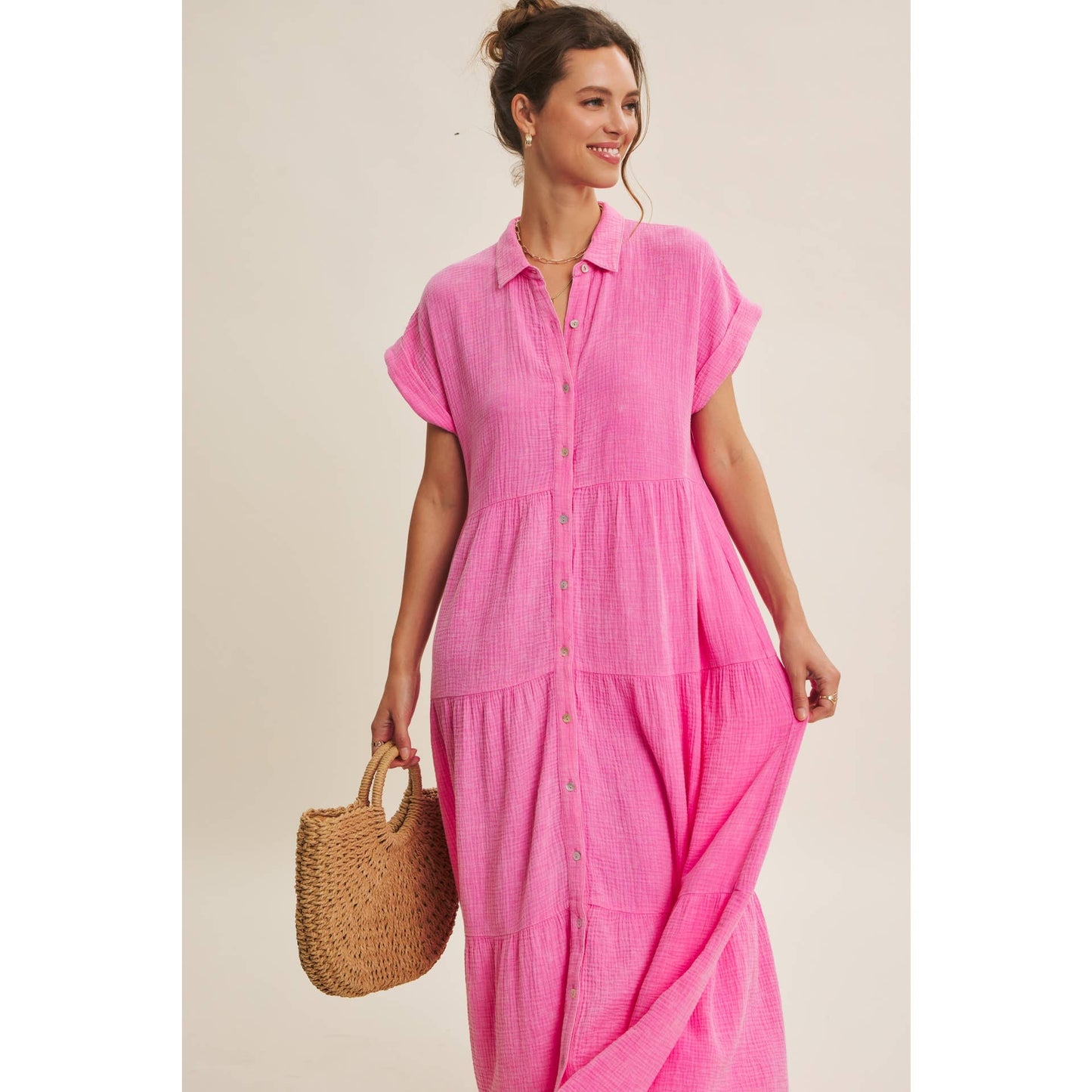 BREEZY MINERAL-WASHED GAUZE OVERSIZED MAXI SHIRT DRESS