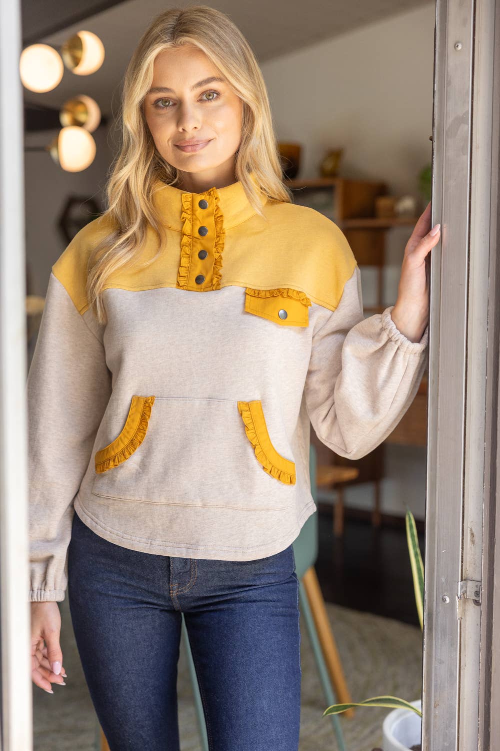 Color Block Quarter Snap Button Sweatshirt