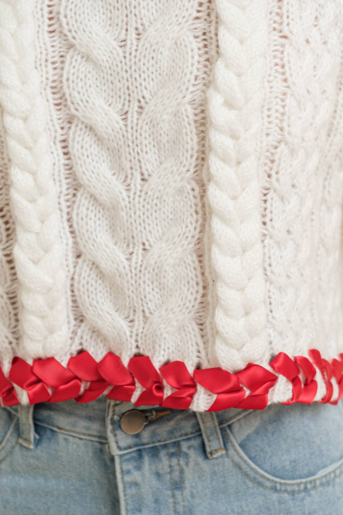 CABLE KNIT CONTRAST STITCH CROPPED SWEATER by Cloud Ten