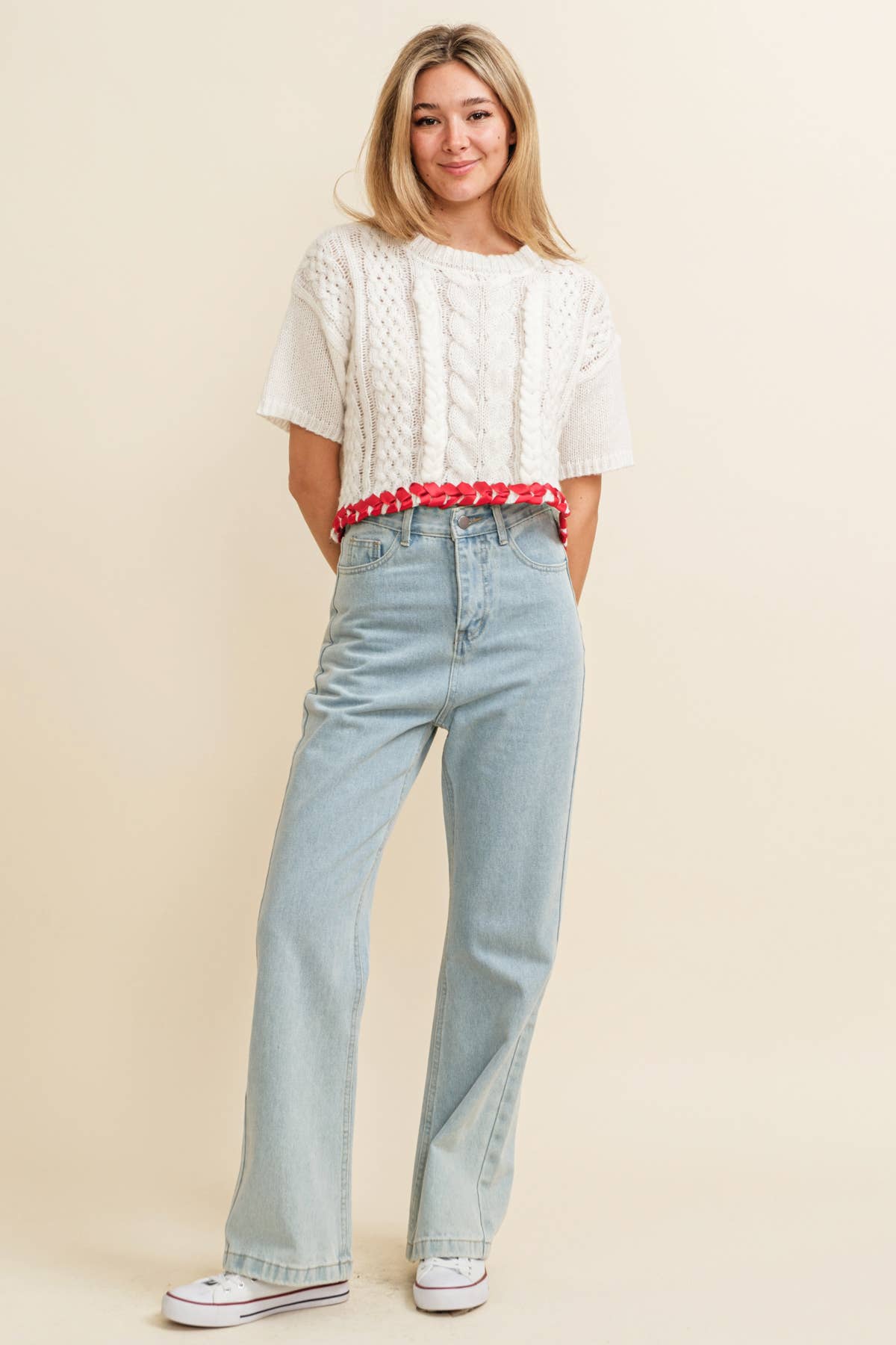 CABLE KNIT CONTRAST STITCH CROPPED SWEATER by Cloud Ten