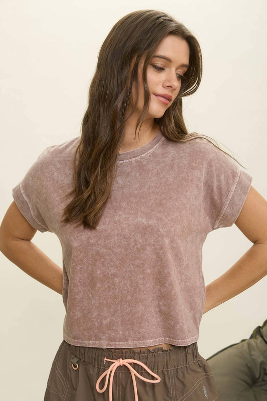 Washed Extended Shoulder Short Sleeve Knit Top