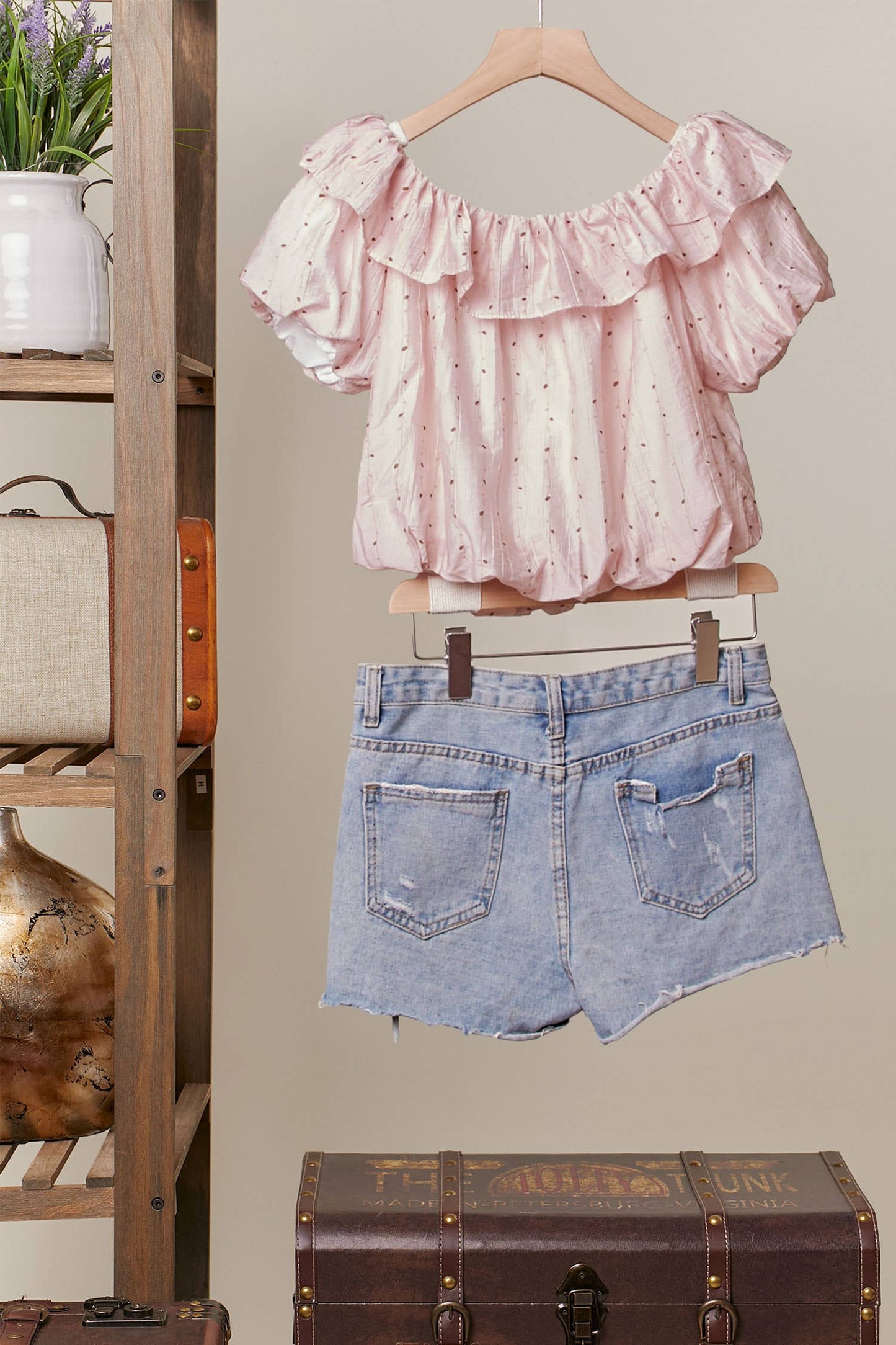 Printed Ruffle Off Shoulder Short Sleeve Top