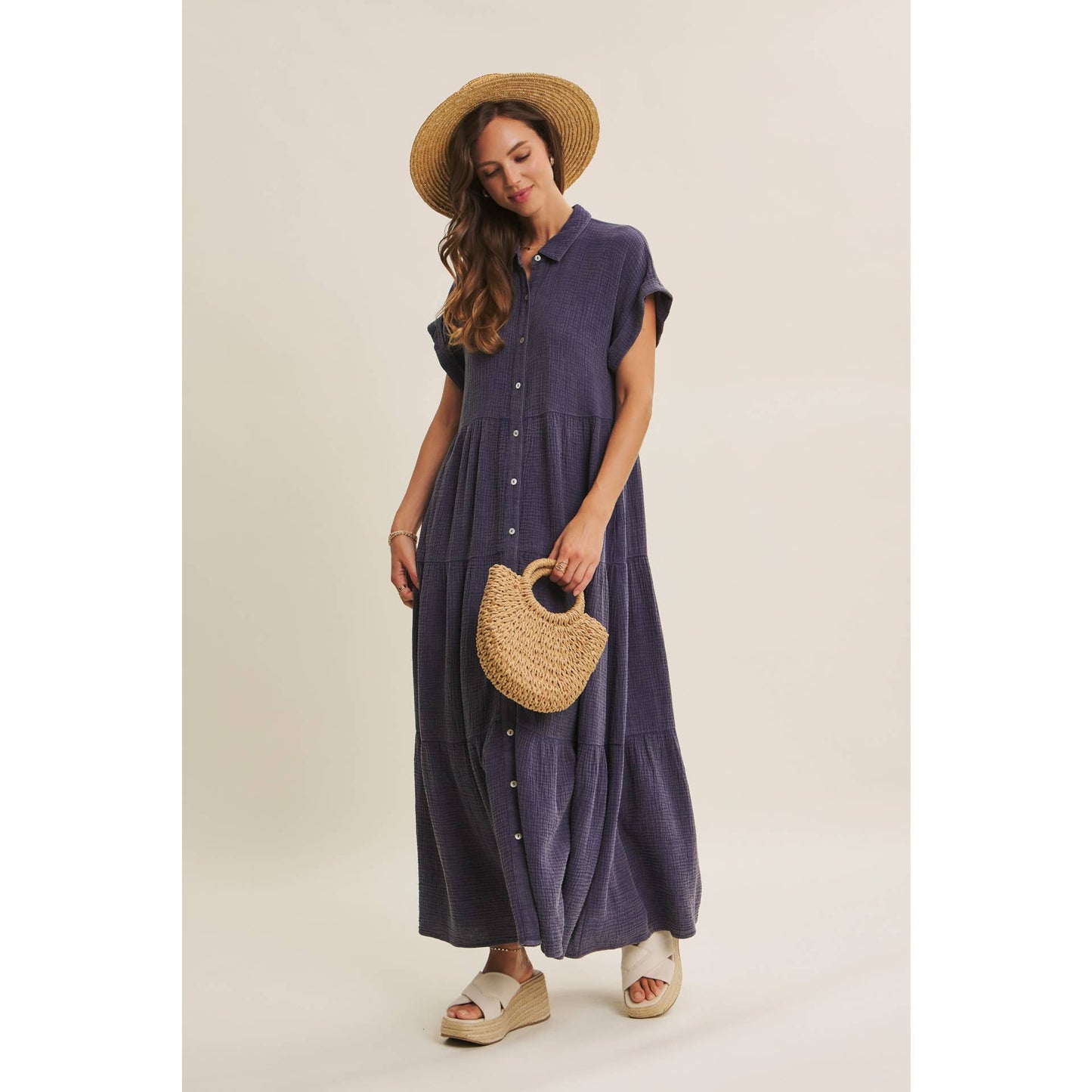 BREEZY MINERAL-WASHED GAUZE OVERSIZED MAXI SHIRT DRESS