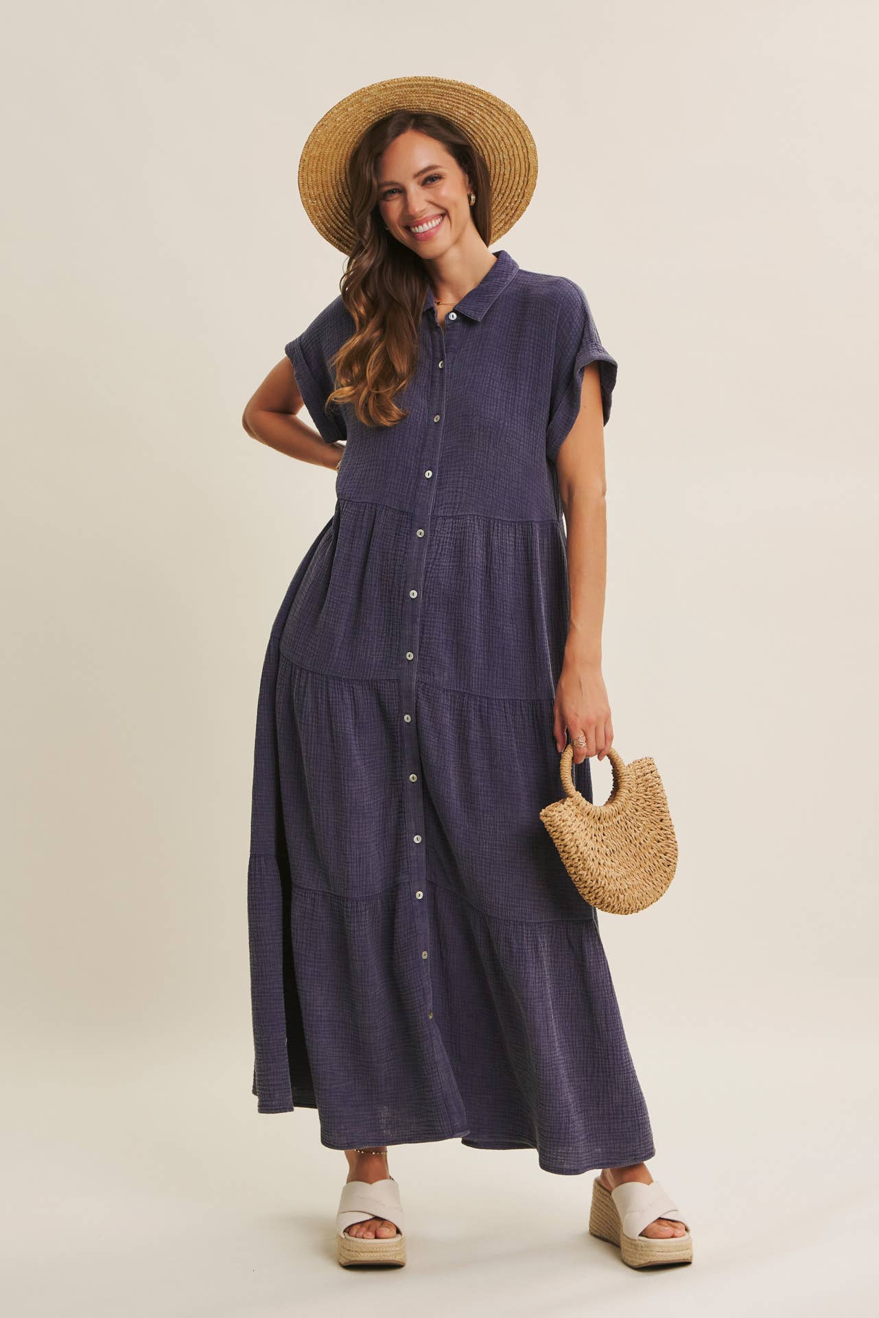 BREEZY MINERAL-WASHED GAUZE OVERSIZED MAXI SHIRT DRESS