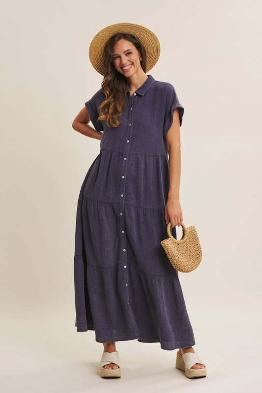BREEZY MINERAL-WASHED GAUZE OVERSIZED MAXI SHIRT DRESS