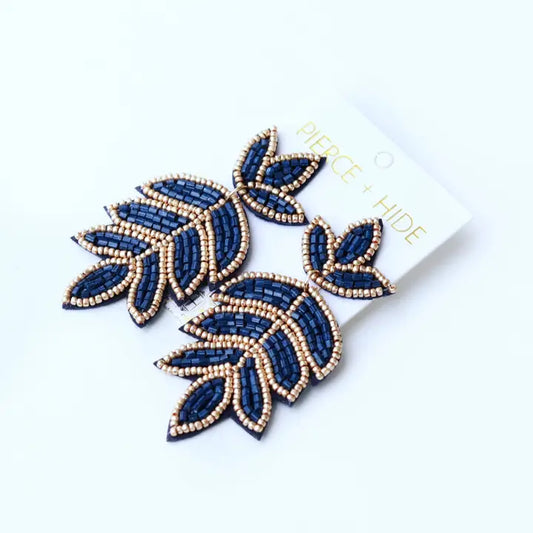 Navy Beaded Fleur De Lis Earring| Leaf Drop