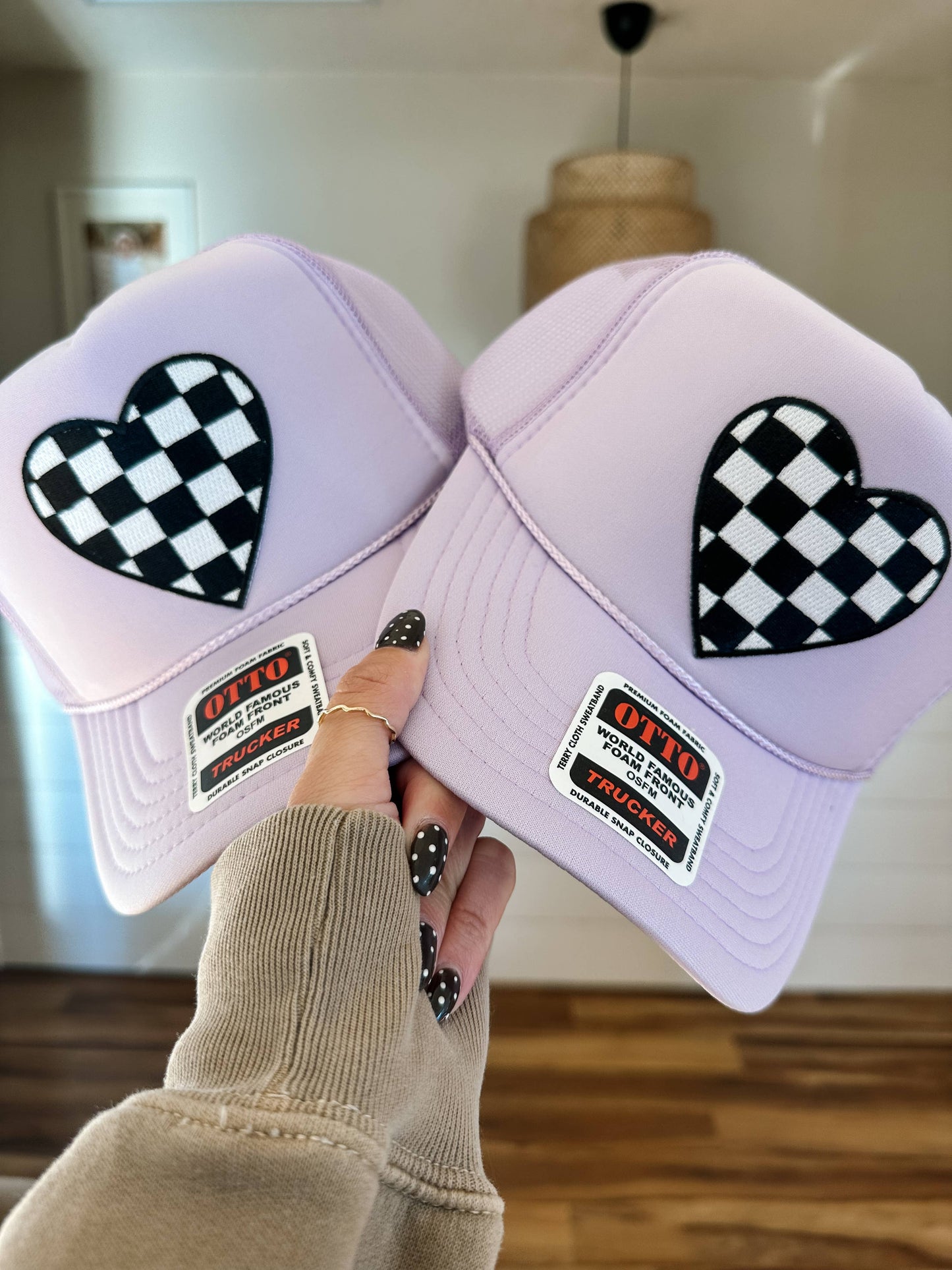 Lavender Checkered Heart Patch Trucker Hat