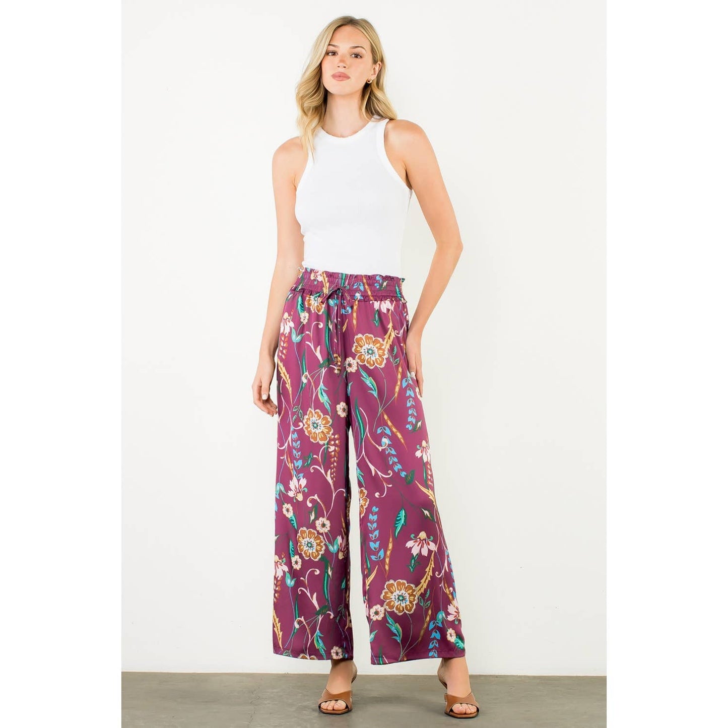 THML - Floral Smocked Waist Wide Leg Pants