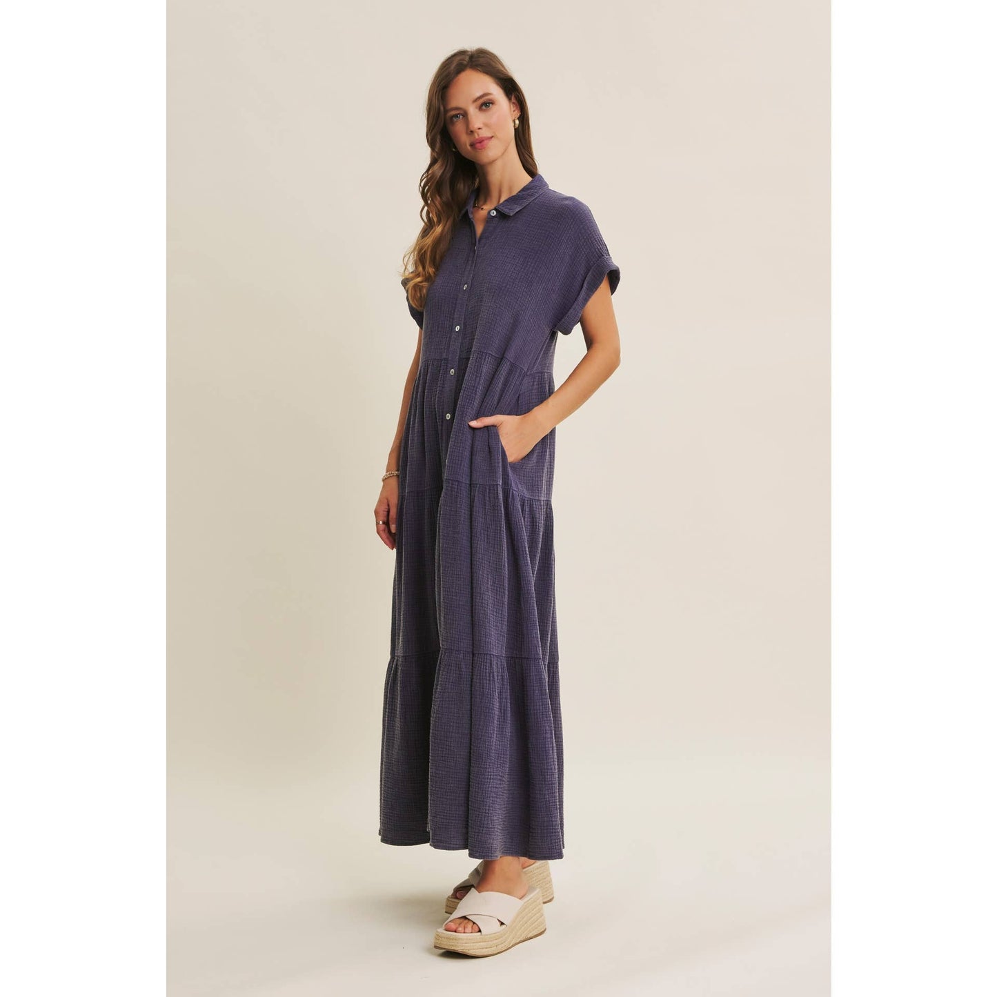 BREEZY MINERAL-WASHED GAUZE OVERSIZED MAXI SHIRT DRESS